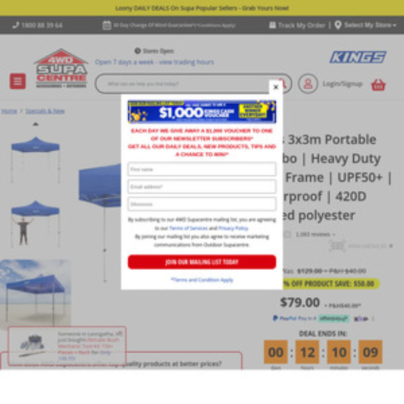 kings-3x3m-portable-gazebo-(heavy-duty-steel-frame,-upf50+)-$79-(was-$129)-+-delivery-($0-c&c)-@-4wd-supa-centre