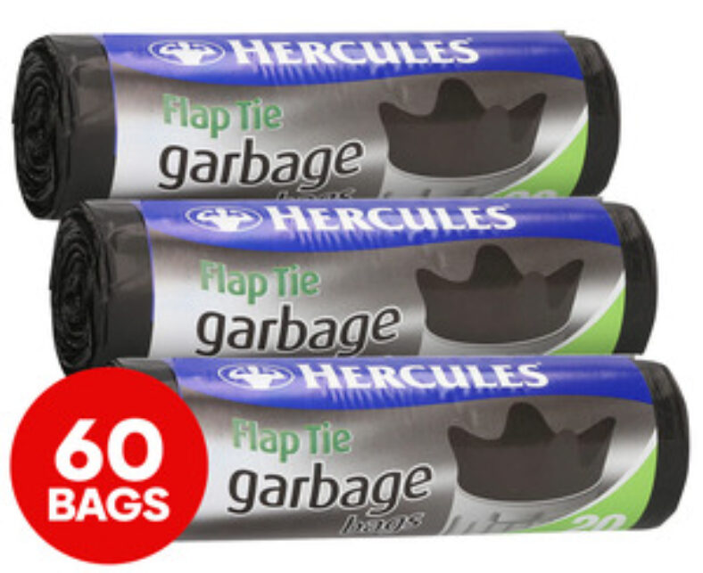 3x-20pk-hercules-xl-56l-extra-strong-flap-tie-garbage-bags-$5.86-+-delivery-($0-with-onepass)-@-catch